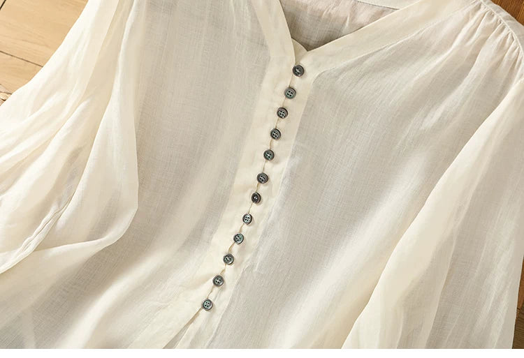 Cotton Linen V-Neck Long Sleeve Shirt with Lantern Sleeves
