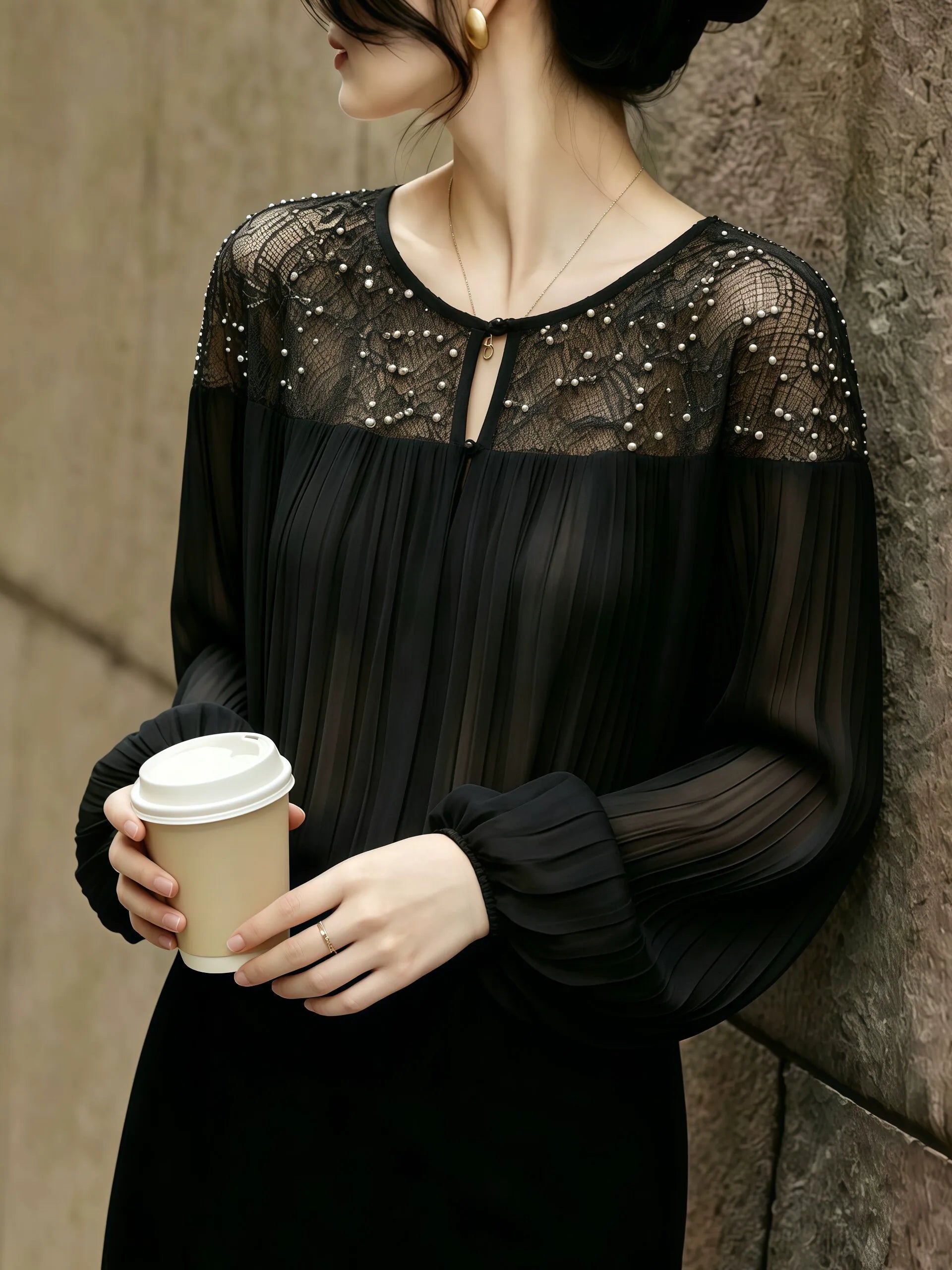 Black Lace-Overlay Top with Pearl-Beaded Yoke