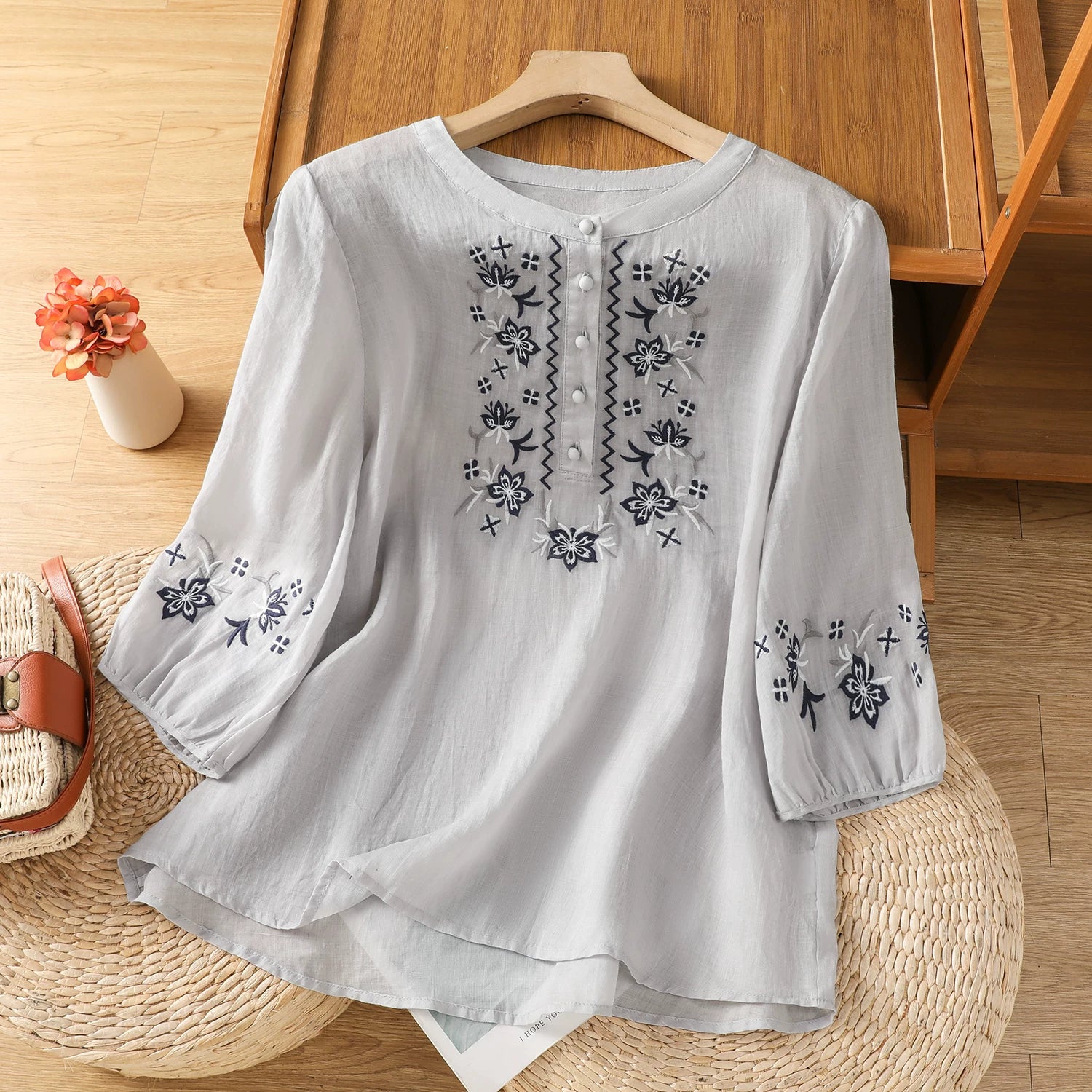 Embroidered Blouse with Elbow-Length Sleeves