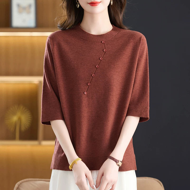 Relaxed Knit Top with Front Button Trim