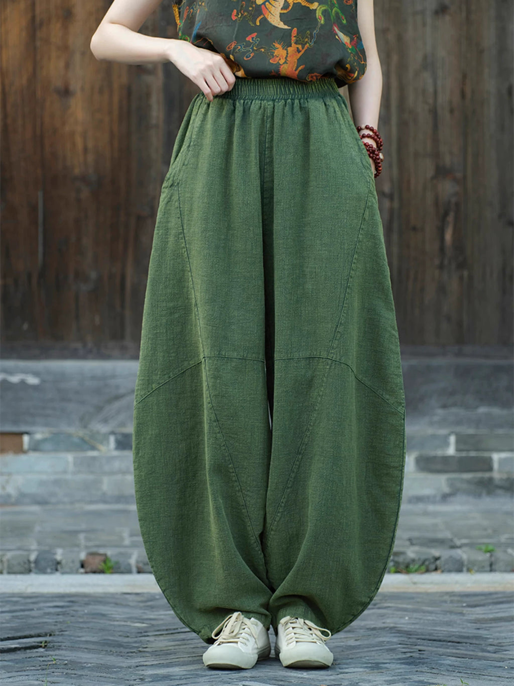 Balloon-Leg Cotton-Linen Pants with Elastic Waist