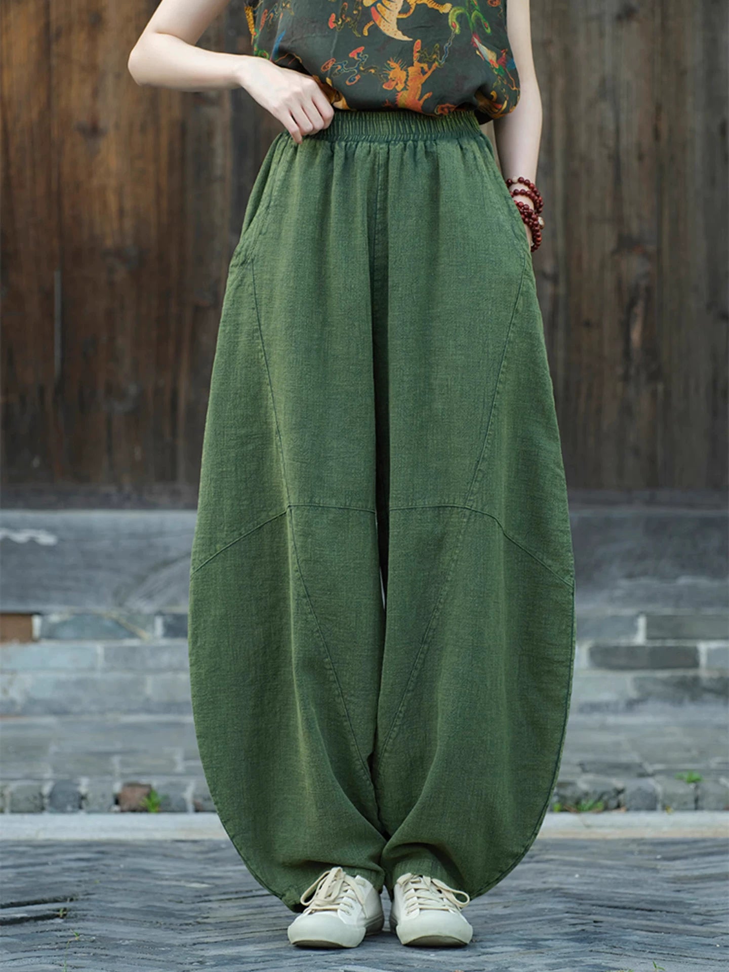 Balloon-Leg Cotton-Linen Pants with Elastic Waist