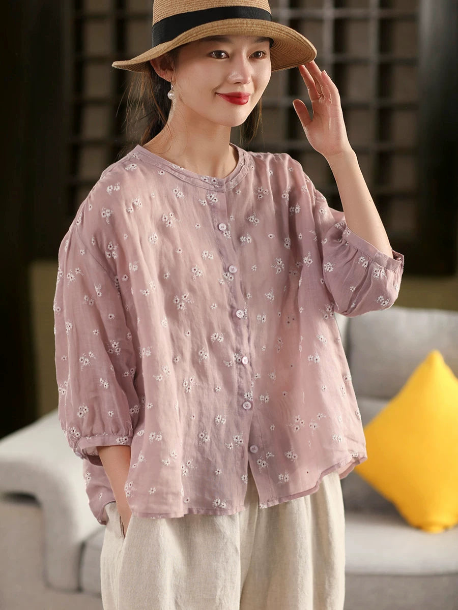 100% Ramie Floral Embroidered Blouse