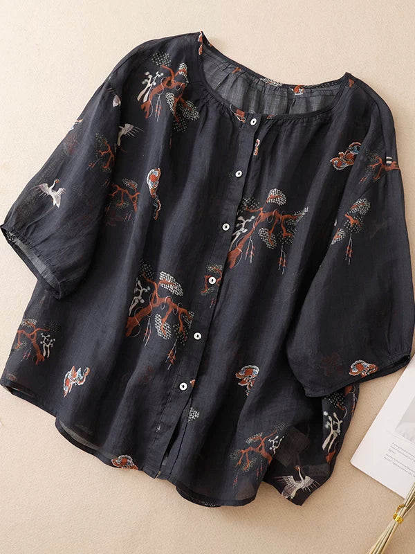 Crane Print Cotton Linen Half Sleeve Shirt