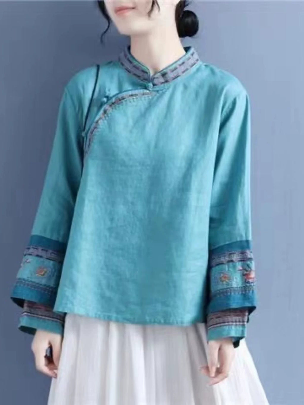 Embroidered Long Sleeve Shirt, Cotton Linen, Rounded Neckline