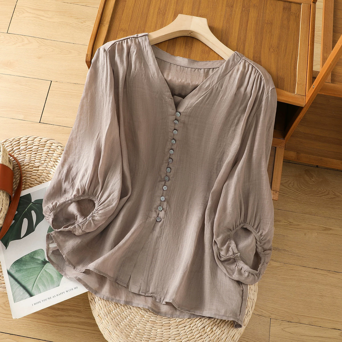Cotton Linen V-Neck Long Sleeve Shirt with Lantern Sleeves