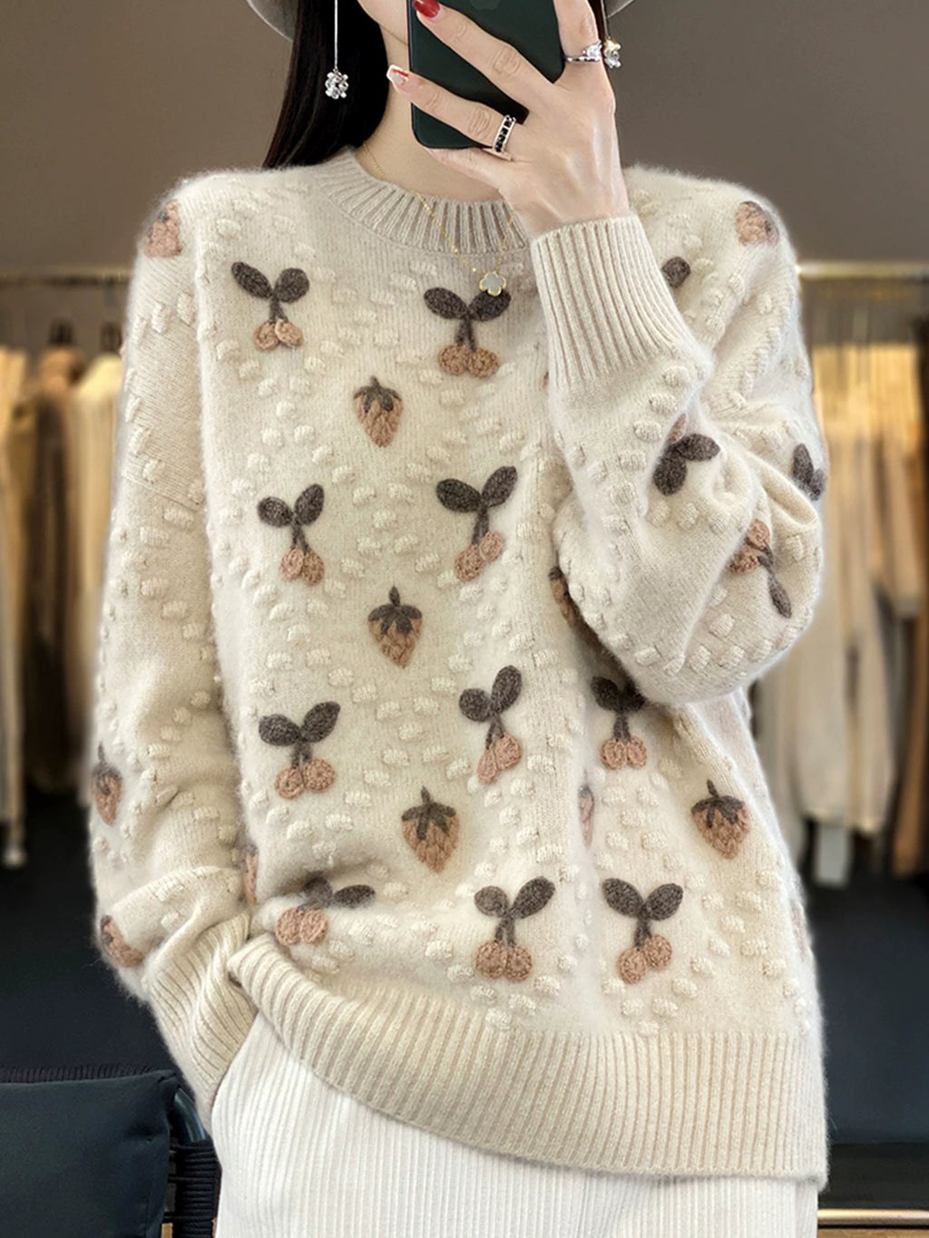 Cherry Motif Knit Sweater - Relaxed Pullover