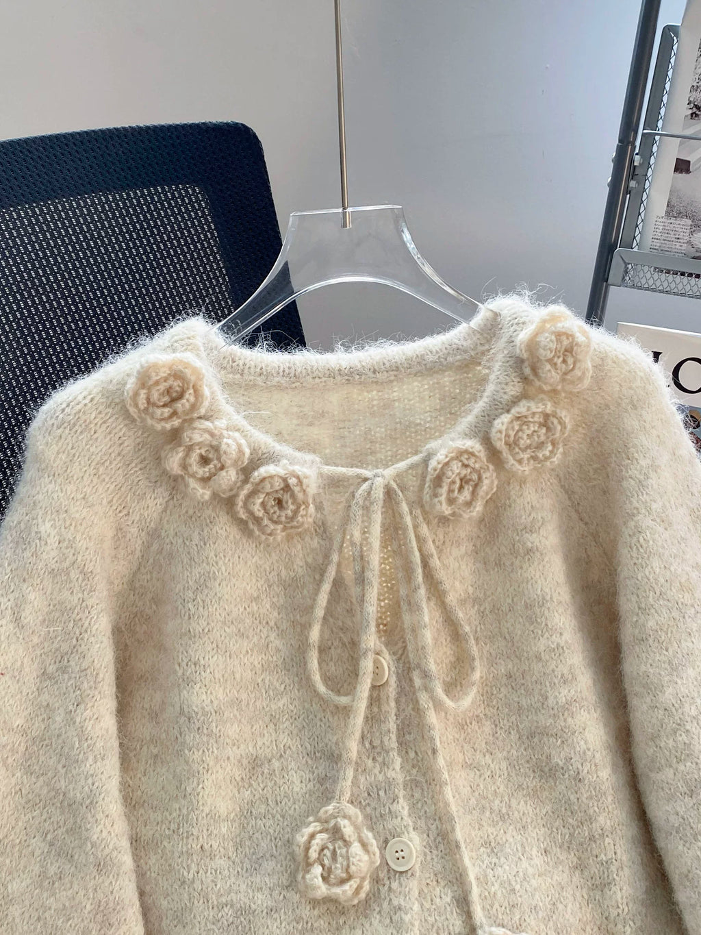 Floral Appliqué Fuzzy Knit Cardigan