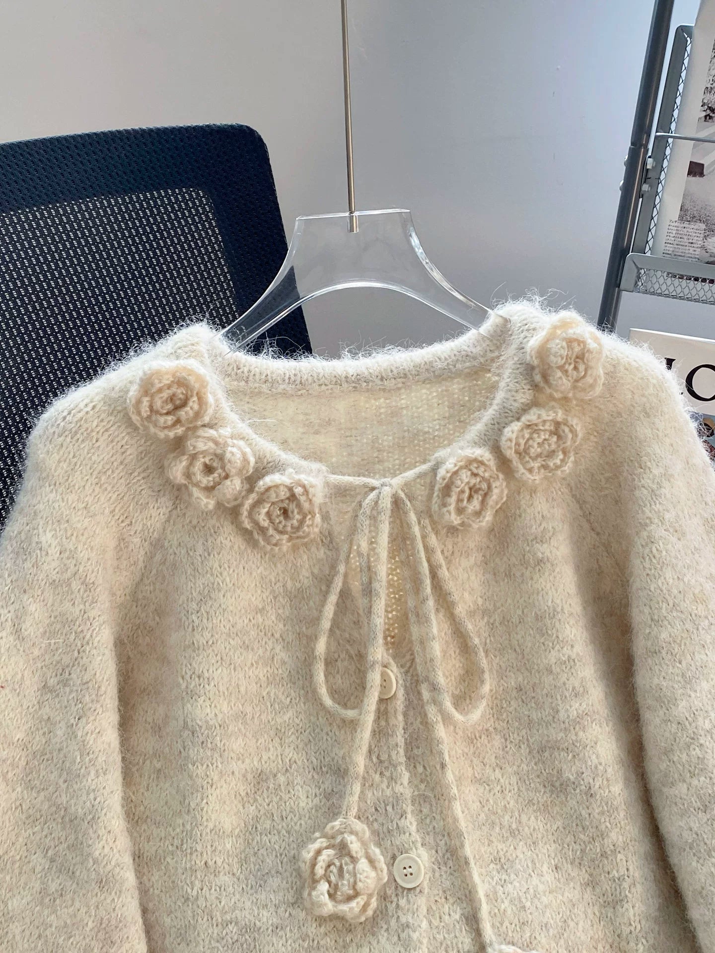 Floral Appliqué Fuzzy Knit Cardigan