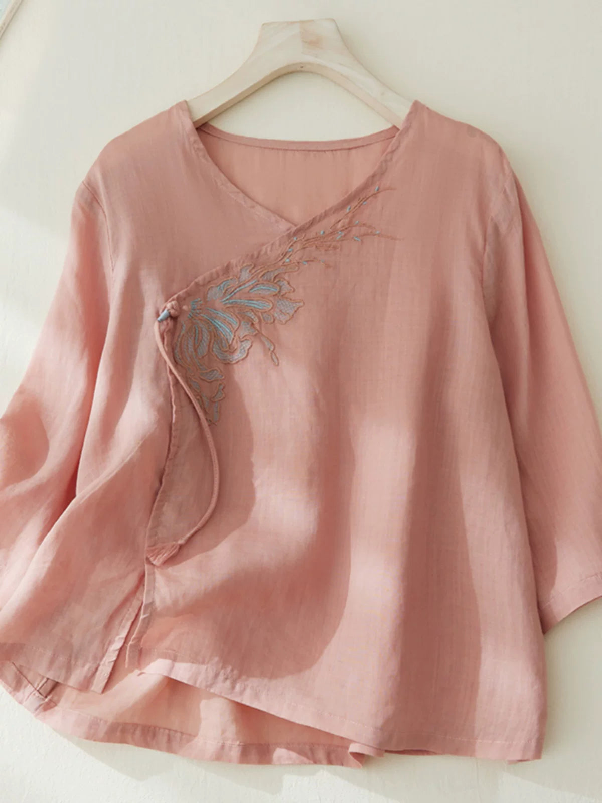 Embroidered V-Neck Top with Asymmetrical Tie Detail