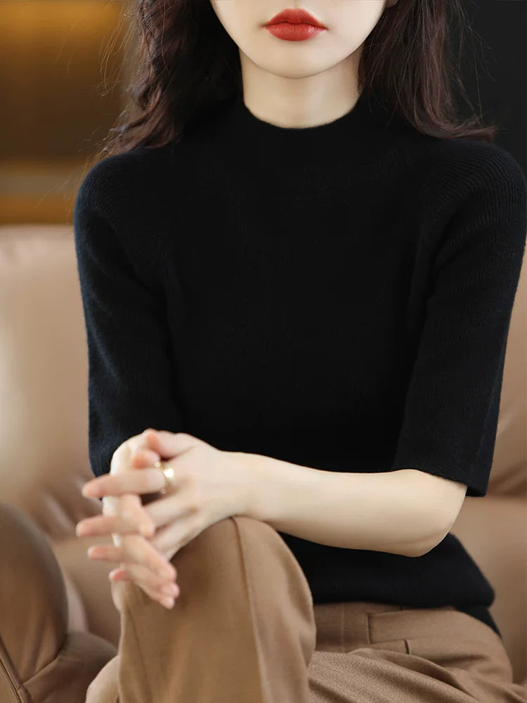 Relaxed Knit Top with Small Stand Collar & Elbow Sleeves