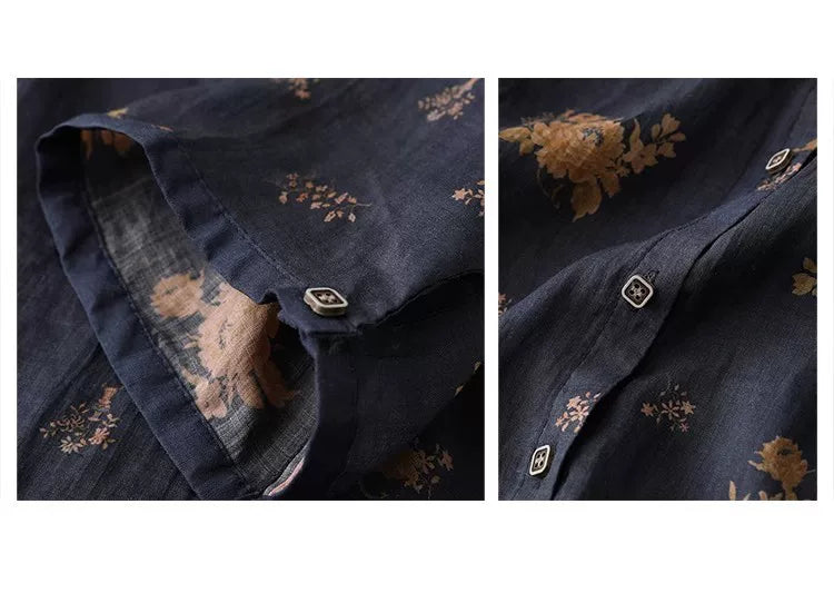Floral Print Cotton Linen Three Quarter Sleeve Shirt