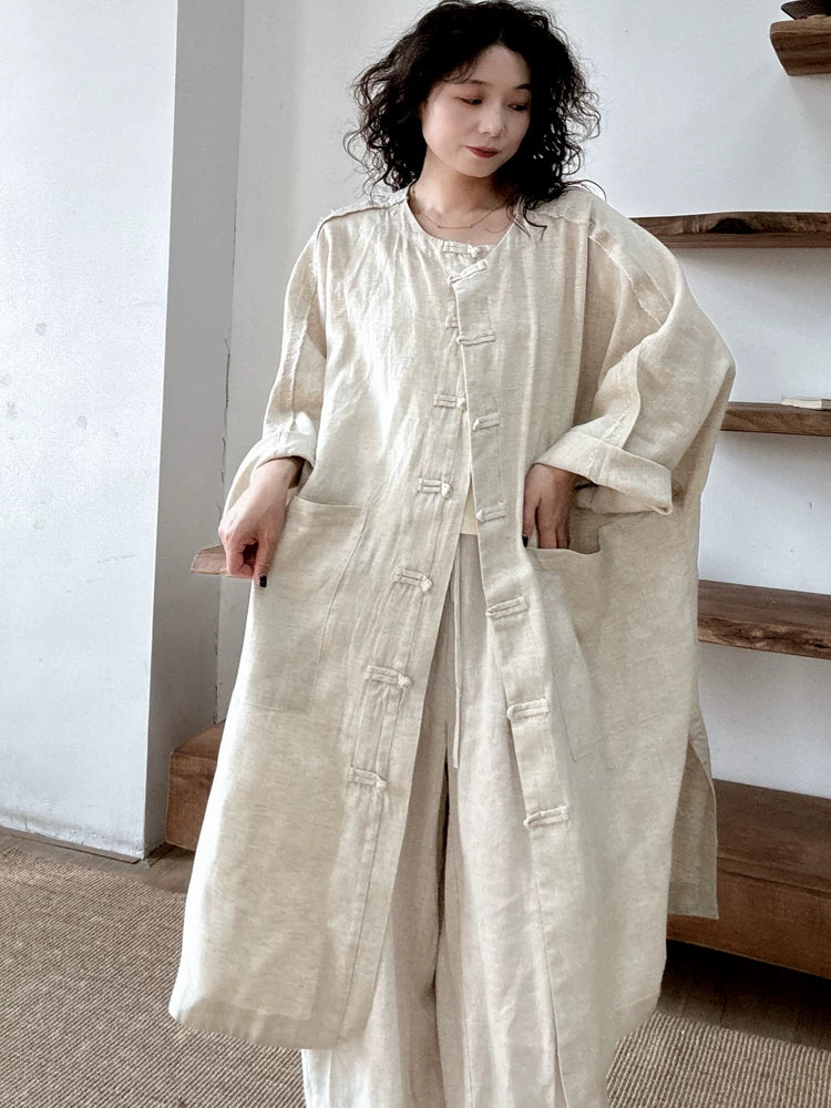 Relaxed Pure Linen Long Coat in Earth Tones