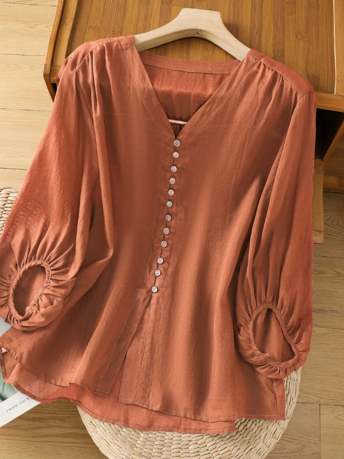 Cotton Linen V-Neck Long Sleeve Shirt with Lantern Sleeves