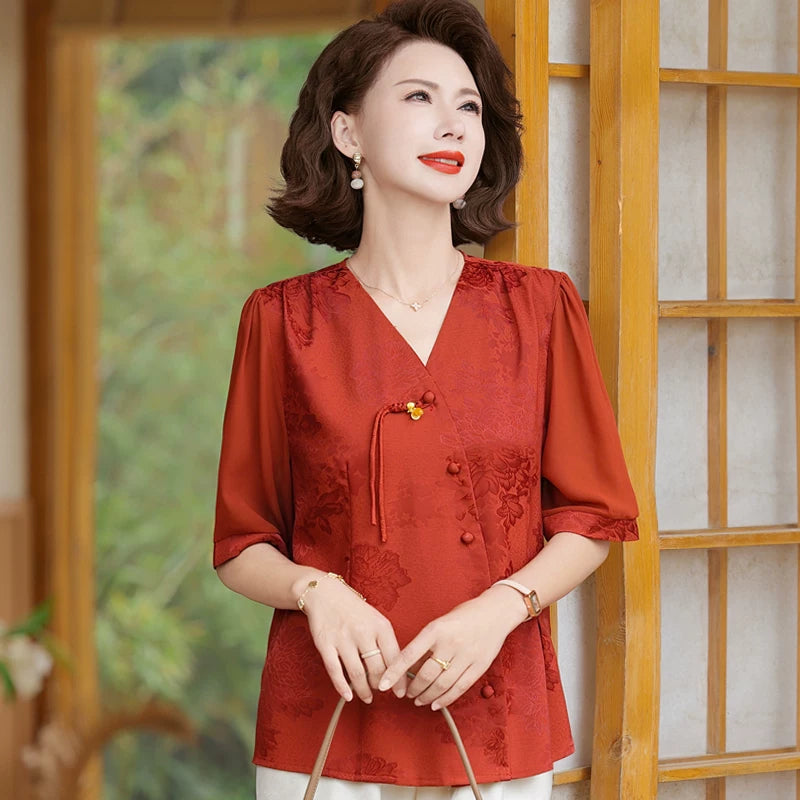 Silk Short-Sleeve Blouse Set in Classic Colors