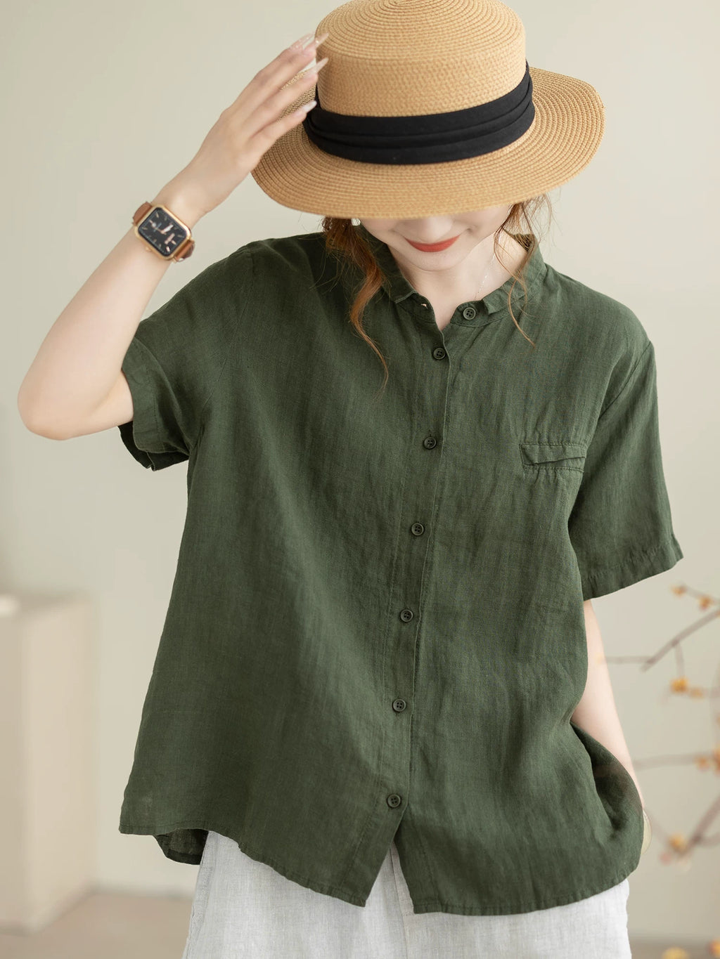100% Linen Button-Front Top with Small Stand Collar