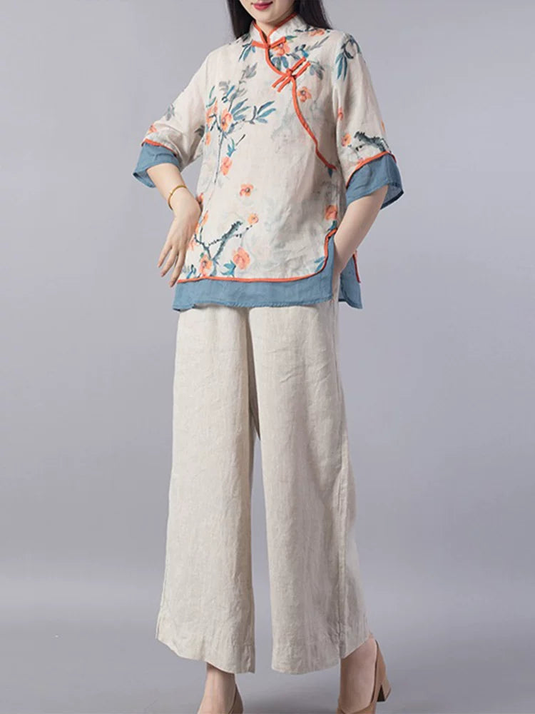 Floral Print Cotton Linen Three Quarter Sleeve Shirt