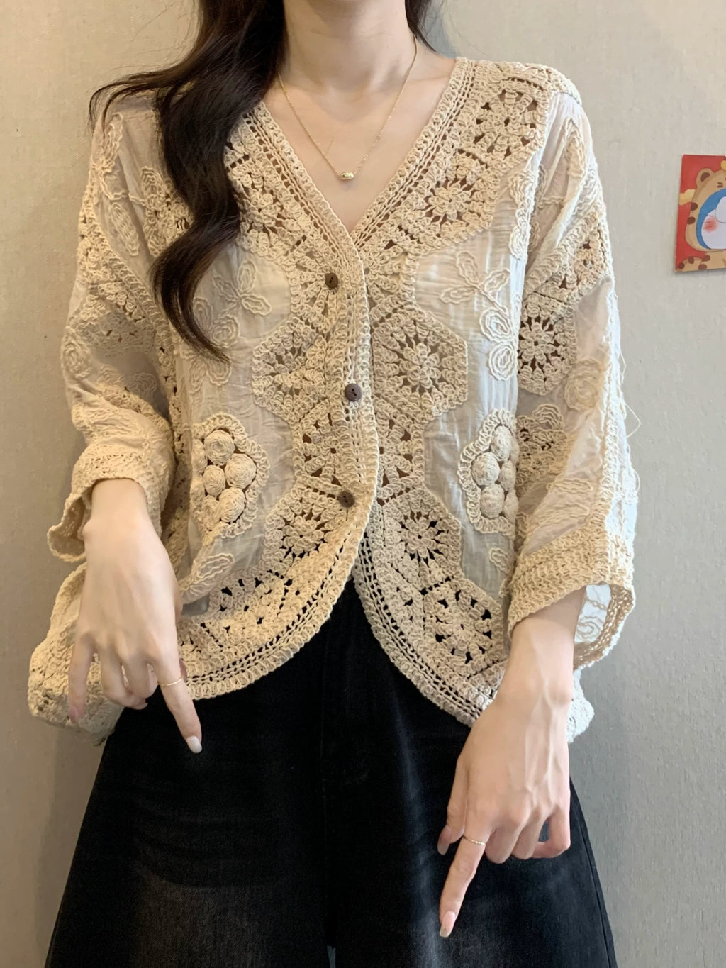 Crochet-Overlay Cardigan with V-Neck Button Front