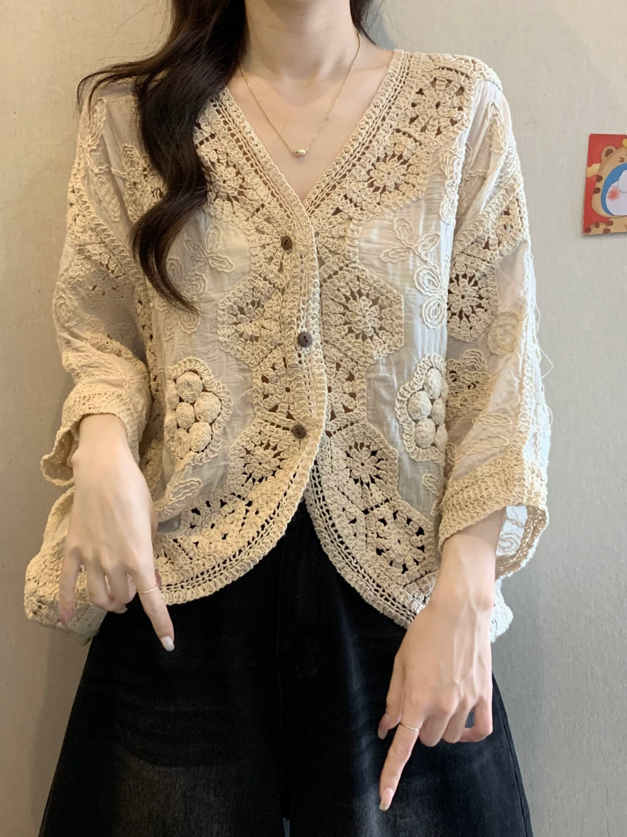 Crochet-Overlay Cardigan with V-Neck Button Front