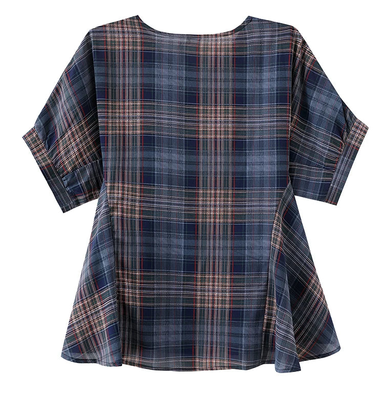 Plaid Chiffon Top with Drawstring Waist