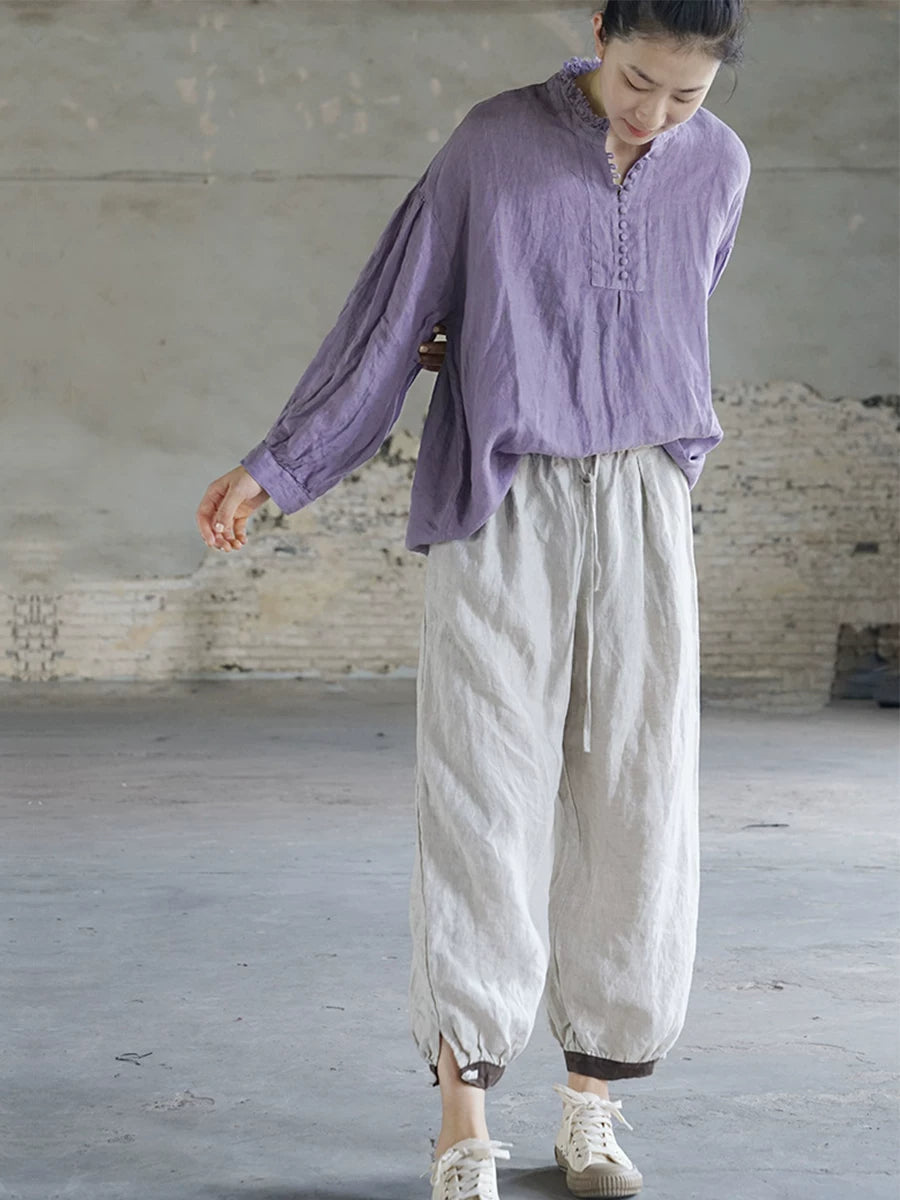 French Style Linen Top with Small Stand Collar