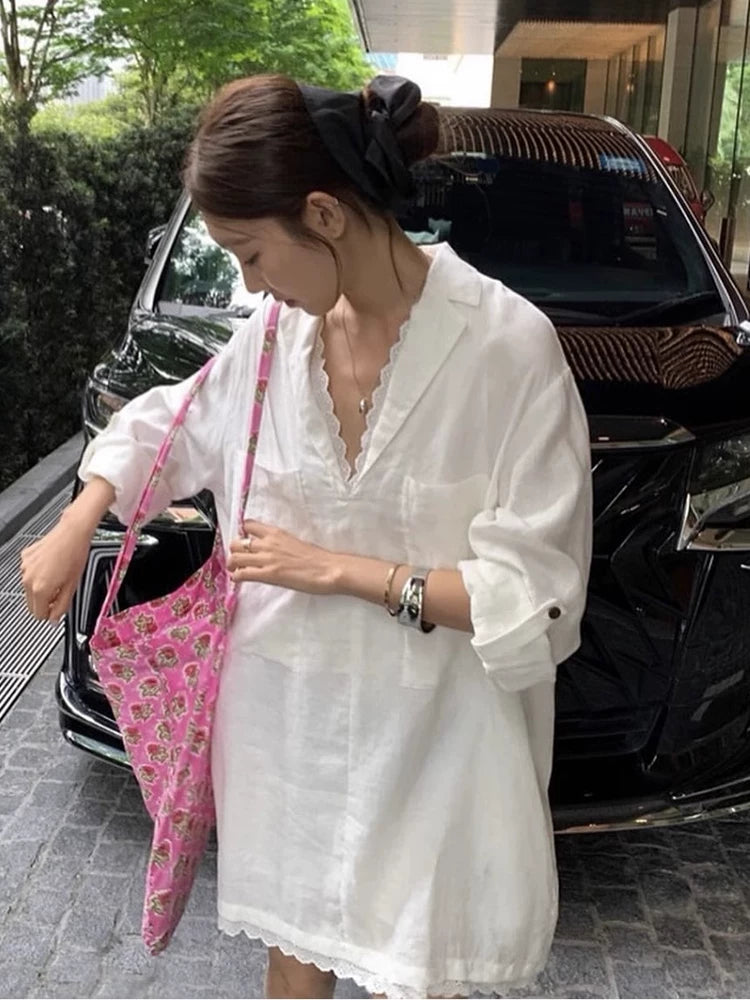 Linen-Look Tunic with Eyelet Lace Trim & Patch Pockets