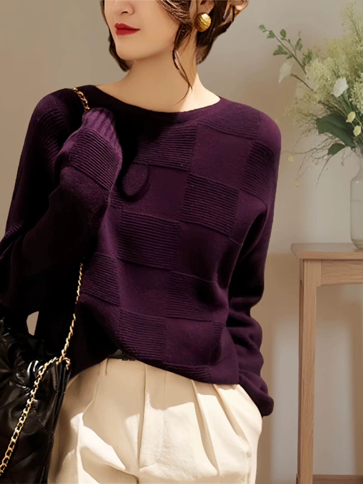 Relaxed Checkerboard Knit Top in Deep Purple