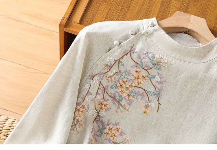 Embroidered Cotton Linen Three Quarter Sleeve Shirt
