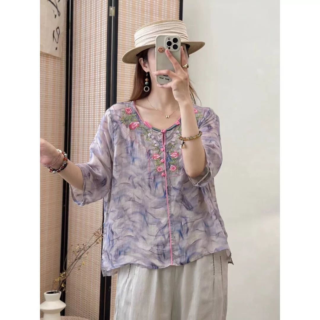 Embroidered Floral Print Half Sleeve Shirt