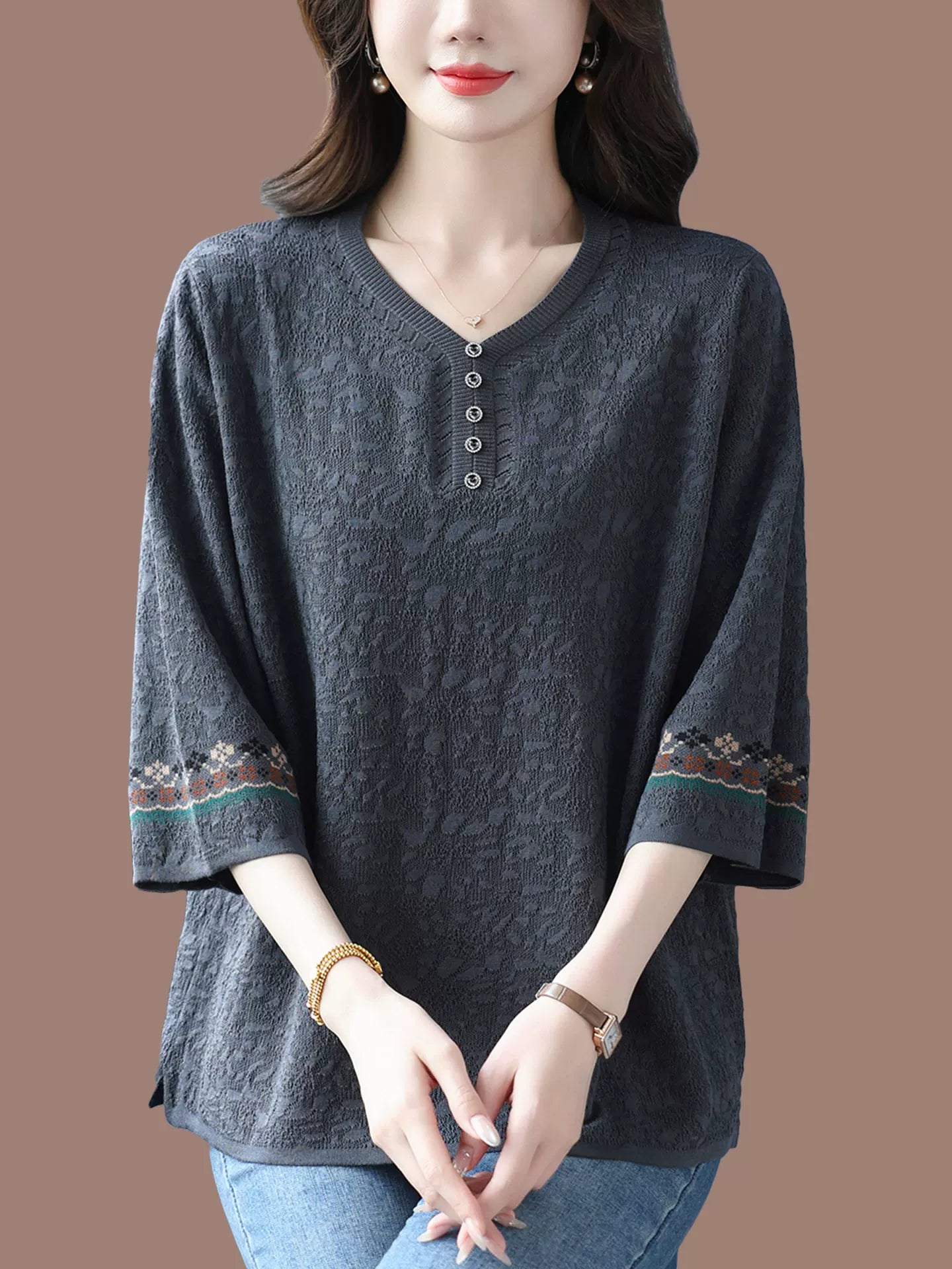 Textured Woven Blouse with Embroidered Cuffs