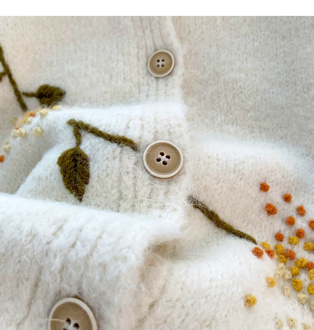 Hand-Embroidered Floral Fuzzy Knit Cardigan