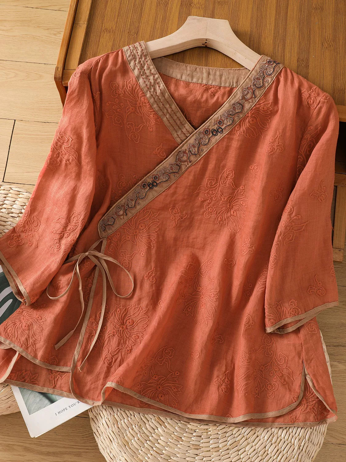 Embroidered Trim Three Quarter Sleeve Shirt