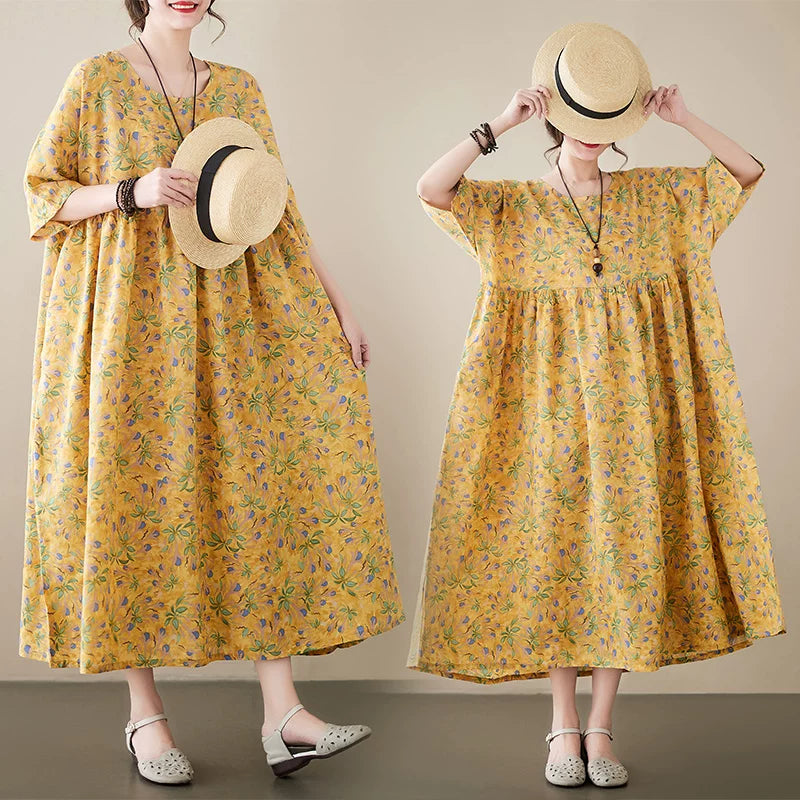 Boho Linen Cotton Midi Dress, Loose Fit, Short Sleeve