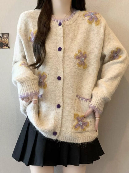 Gray Floral Embroidered Knit Cardigan Sweater