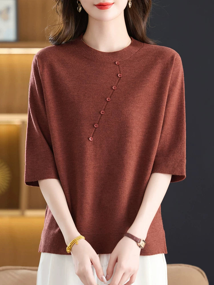 Relaxed Knit Top with Front Button Trim