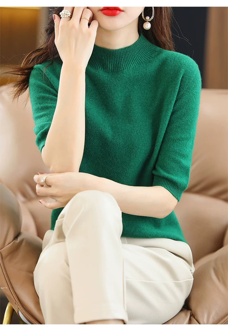 Relaxed Knit Top with Small Stand Collar & Elbow Sleeves