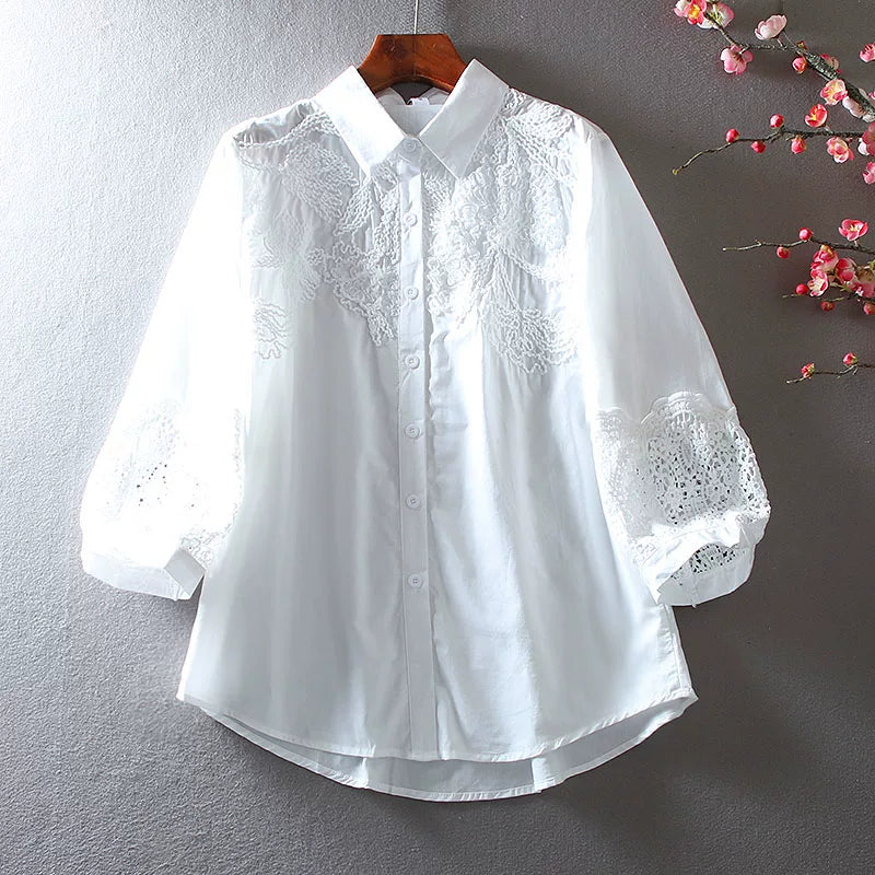 100% Cotton Blouse with Floral Embroidery & Lace Cuffs
