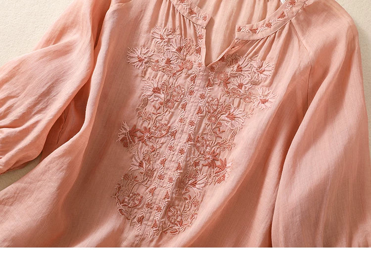Embroidered Three Quarter Sleeve Blouse, Cotton Linen