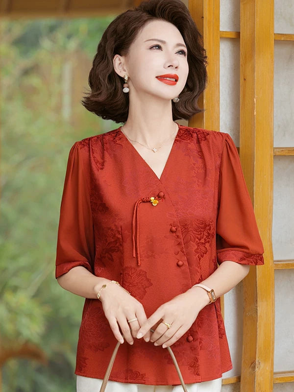 Silk Short-Sleeve Blouse Set in Classic Colors