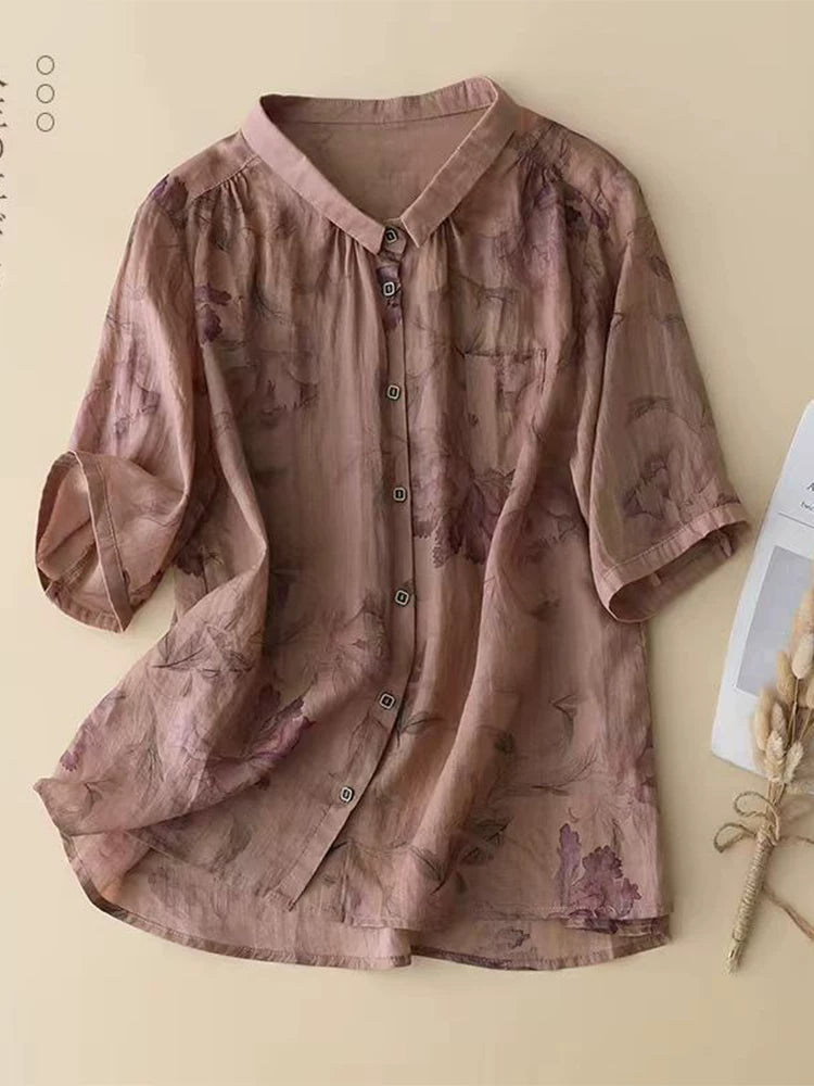 Floral Print Cotton Linen Three Quarter Sleeve Shirt
