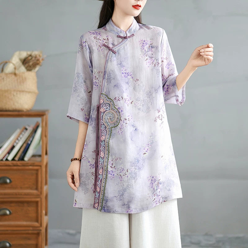 Linen-Look Floral Tunic with Chinese-Style Stand Collar