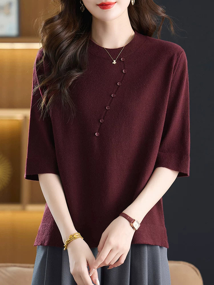 Relaxed Knit Top with Front Button Trim
