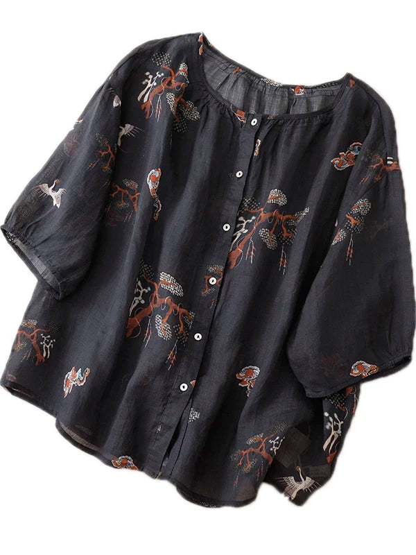 Crane Print Cotton Linen Half Sleeve Shirt