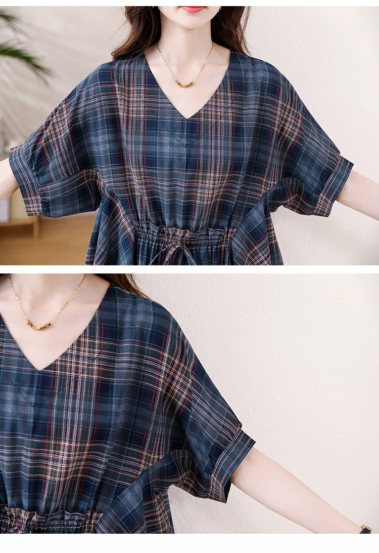 Plaid Chiffon Top with Drawstring Waist