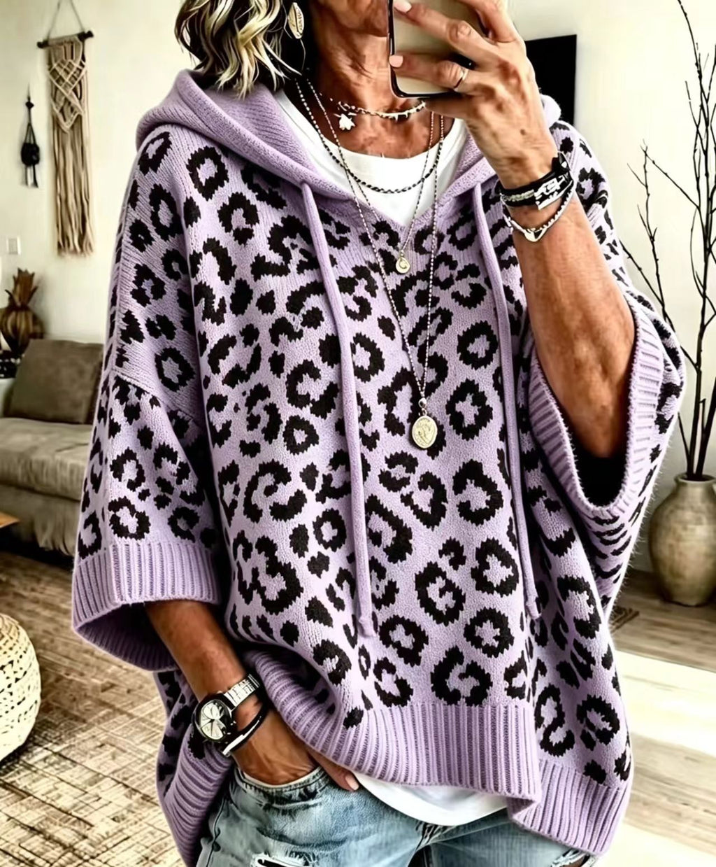 Leopard Jacquard Hooded Knit Top, Oversized Pullover