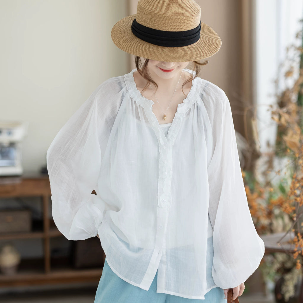 100% Ramie Blouse with Ruffled V-Neck & Elbow Sleeves