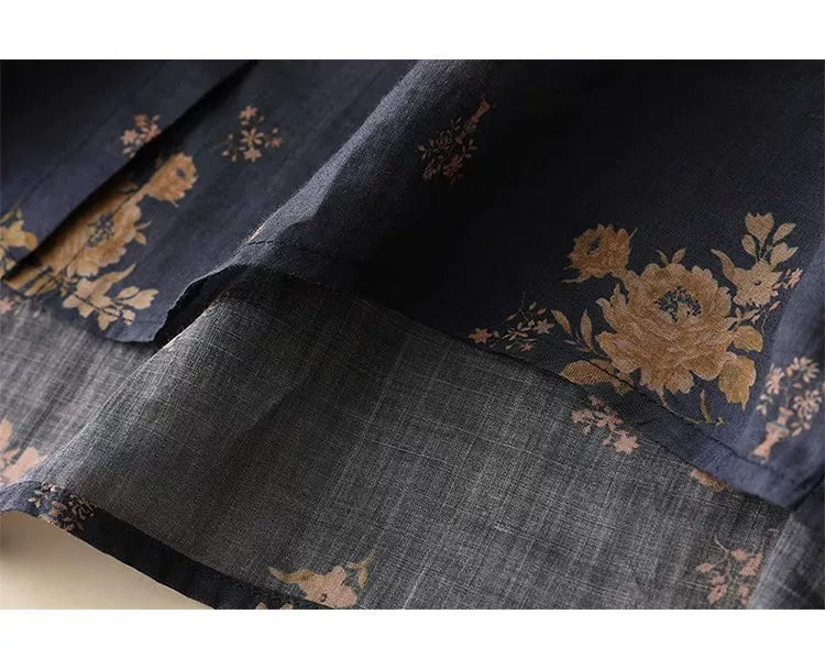 Floral Print Cotton Linen Three Quarter Sleeve Shirt