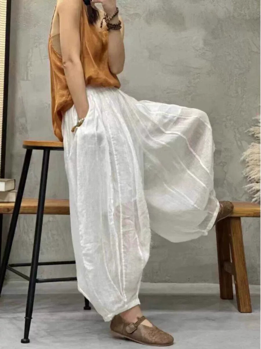 Balloon-Leg Pants in Linen-Look Textured Fabric
