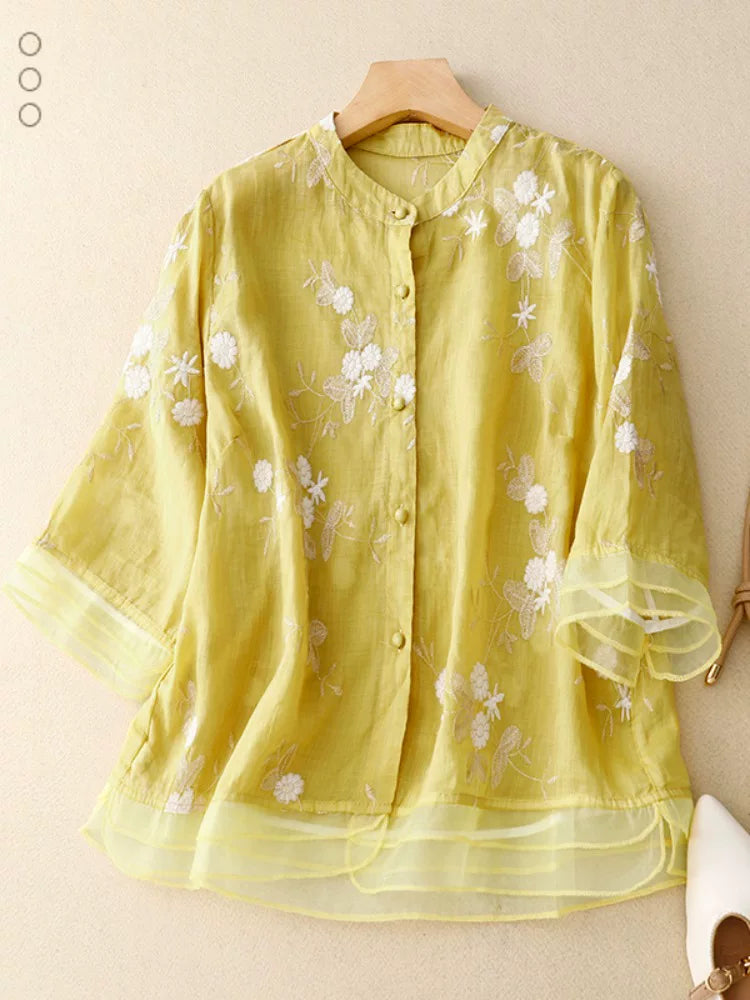 Embroidered Three Quarter Sleeve Shirt, Cotton Linen