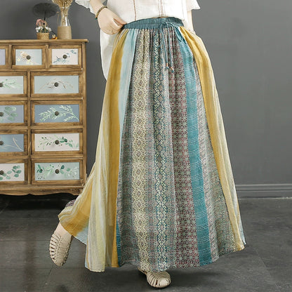 Boho-Maxirock aus Baumwoll-Leinen-Mischgewebe mit Blumenmuster, hohem Bund und fließendem Schnitt für den Urlaub 